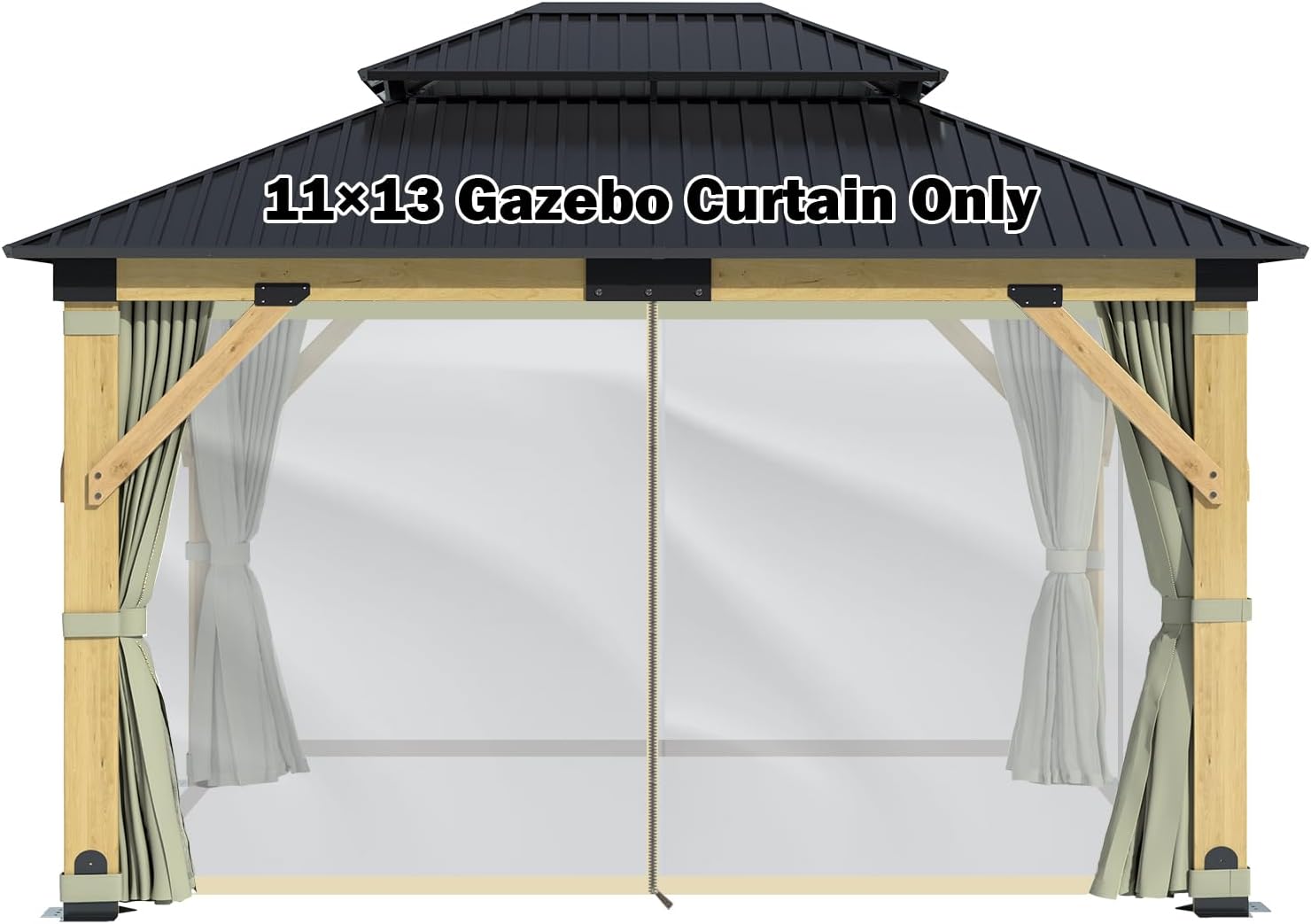 GARTOO 11 x 13 Hardtop Gazebo Curtains Part - Outdoor Wooden Hardtop Patio Gazebo Canopy Screens Walls with Zipper, Fully Enclosed Zip Curtain and Breathable Mesh