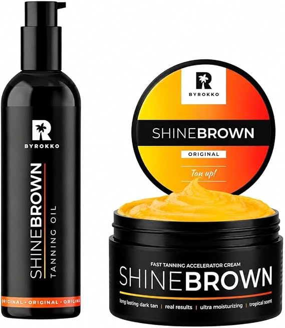 BYROKKO Shine Brown Tanning Bundle – Fast Dark Tan Accelerator Set with Tanning Oil & Bronzing Cream for Outdoor Sun & Indoor Sunbed, Natural Botanical Oils, Water Resistant