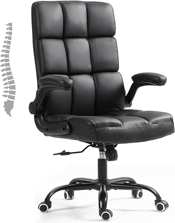 ECOTOUGE Executive Office Chair, PU Leather Ergonomic Comfy Desk Chair, High Back Computer Chair with Adjustable Tilt Angle and Flip-up Arms (Without Footrest Black)