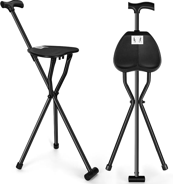 DoubleFill 300 Lbs Folding Canes with Seat Adjustable Walking Lightweight Stick Chair Portable Tripod Cane with Comfortable Handle Anti Slip for Senior Elderly Camping Hiking, Black