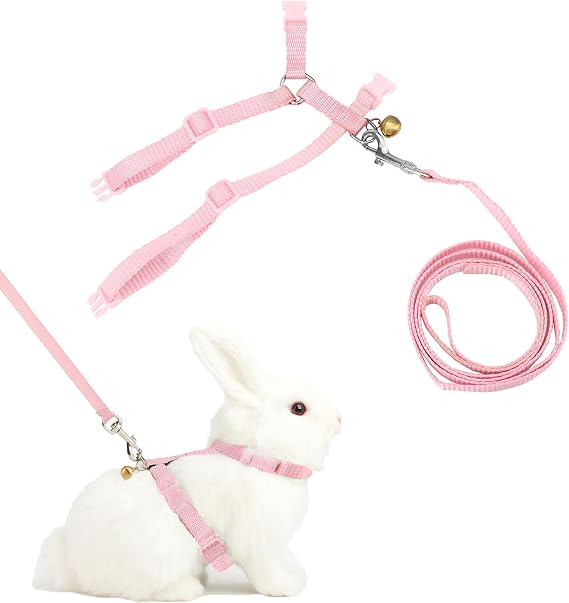 Hypeety Rabbit Harness with Leash Adjustable Vest for Small Animal, Pink | Adjustable 7.9-11.9'' chest, 7.1-10.3'' neck, escape-proof snap buckles, nylon lead with bell for bunnies/guinea pigs/ferret