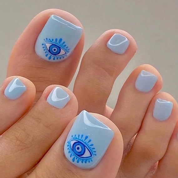 Press on Toenails Square Short Full Cover Fake Toenails 24PCS Cool Eye Blue Toe Nails Fake Nails with Glue Sticker and Nails File False Gel Toes Nails Tips Sets for women Teens Girls