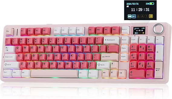 EPOMAKER AULA F99 MAX Wireless Mechanical Keyboard, Smart Screen & Knob, 8000mAh, 2.4Ghz/BT Creamy Keyboard, Pre-Lubed Switch, Hot-Swappable, RGB Backlit, Custom Software (Pink, Reaper Switch)