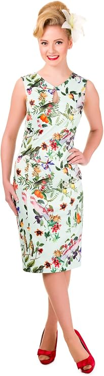 Floral Bird Print Sleeveless Summer Pencil Fitted Dress (M) Mint