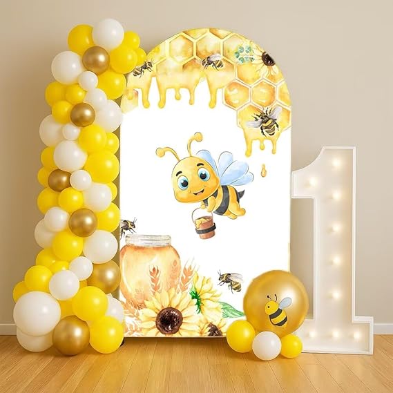 Happy Bee Days Celebration Watercolor Arch Backdrop Stand Covers Sweet Bees Yellow Party Decorations 3.3x6.5ft Arches Backdrop Fabric Cover Supplies Kids Baby Shower Decors