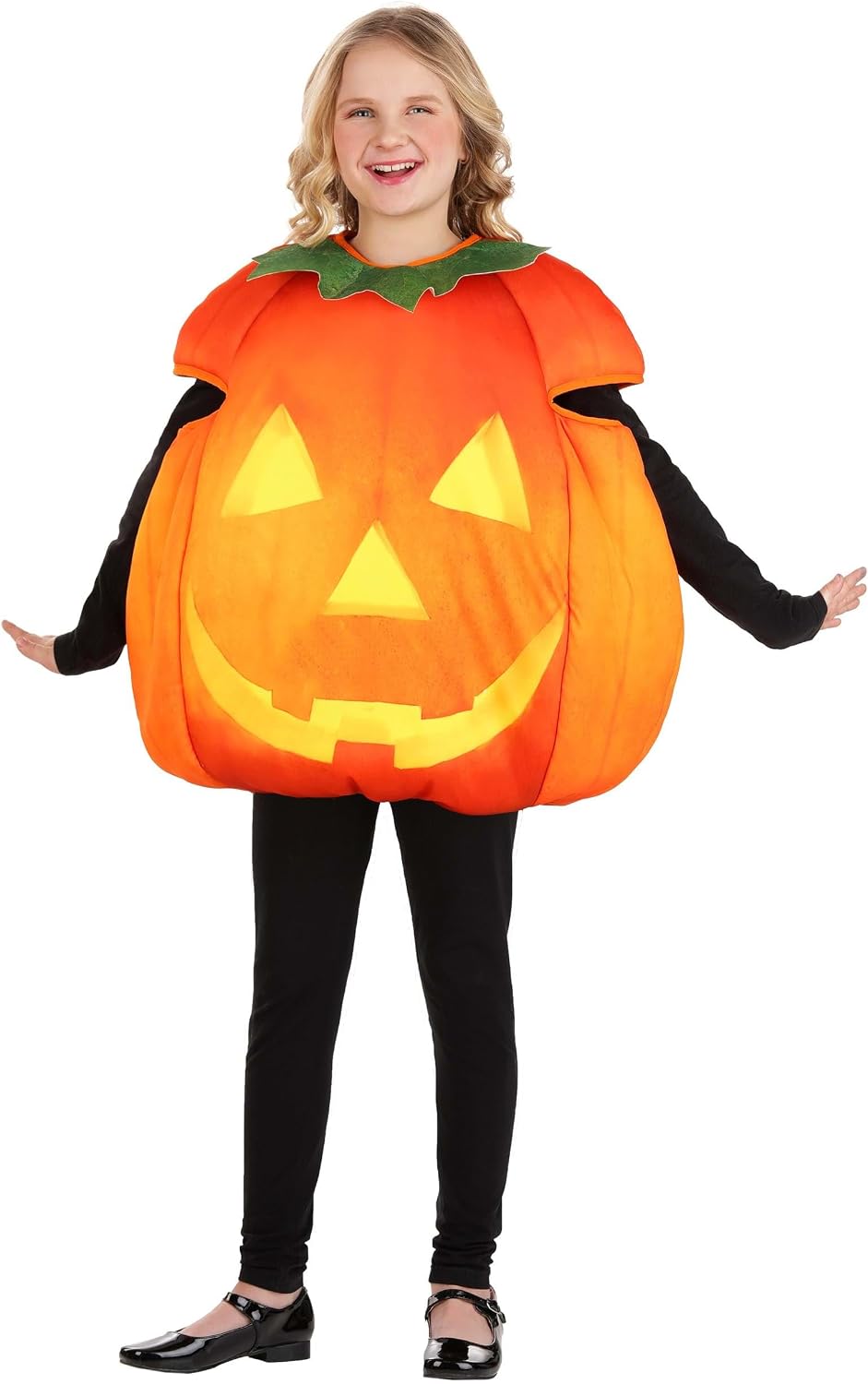 Kids Pumpkin Costume | Child Jack OLantern Outfit with Green Leaf Neckline for Halloween, Autumn Festival Wear