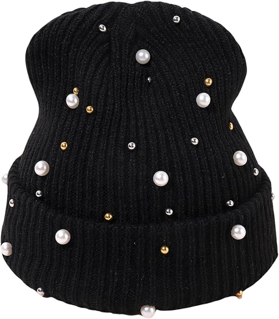 yolrdiw Elegant Pearl Hat for Women Cuffed Winter Warm Cozy Cute Knit Beanie