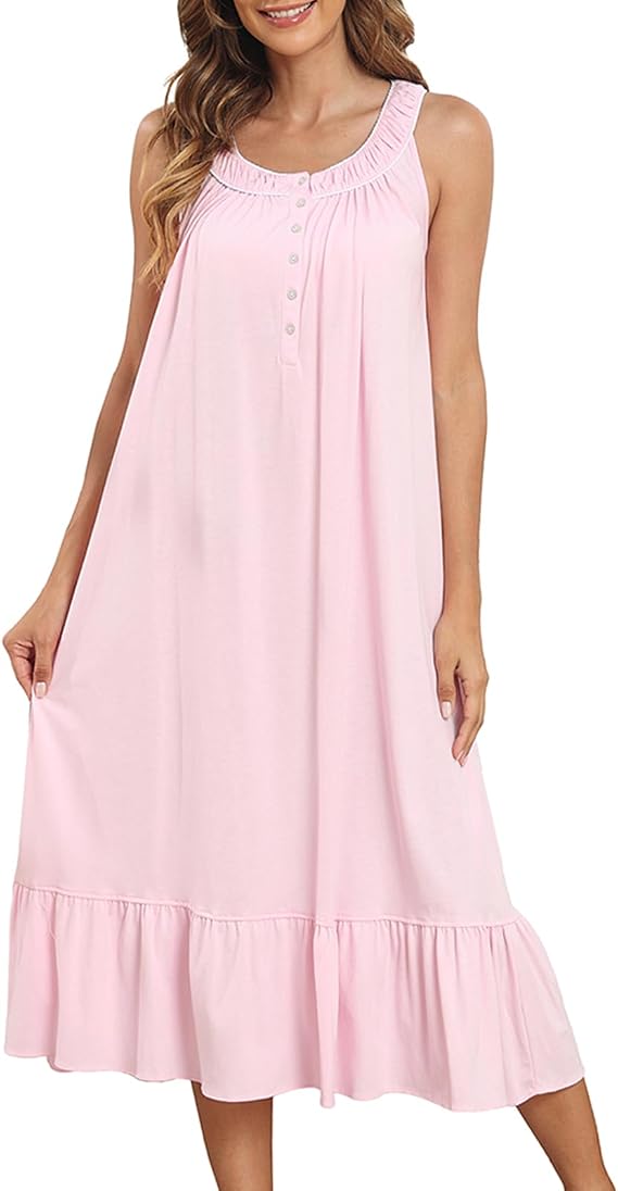 Sleeveless Nightgowns for Women 100% Cotton Night Gowns Soft Victorian Nightgown Sleepwear Long Nightdress Ladies House Dress Pink L