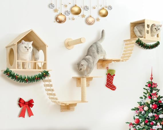 Cat Wall Shelves 9pc with 2 Wooden Condos, Wall Mounted Cat Furniture for Large Cats, Cat Climbing Wall Perch with Scratching Posts, Space Saving Cat Activity Tree