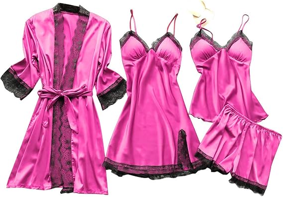 Pajamas For Women Set Sexy With Robe 4 Piece Sleepwear Bridal Party Satin Silk V-Neck Bathrobe Lace Trim Lounge Sets
