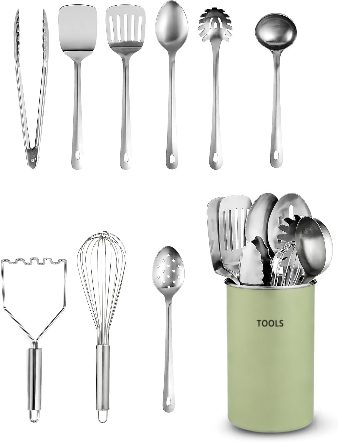 Kitchen Utensils Set - 10-Piece, Stainless-Steel Cooking Utensils wSpoons, Whisk, Spatula, Tongs, Ladle, Masher & Cooking Utensils Holder - Kitchen Accessories, Gadgets and Tools Green