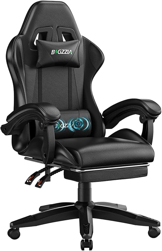 Bigzzia Gaming Chair with Massage Function Ergonomic Gaming Chair Black Gaming Chair with Footrest Adjustable Backrest 90-135° PC Chair Massage Lumbar Cushion for Adults Girls and Boys