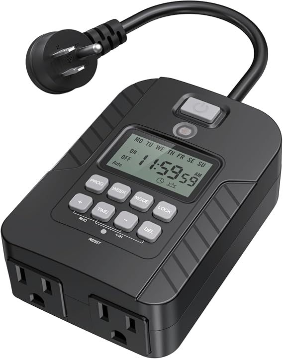 NEARPOW Outdoor Light Timer, Waterproof Digital Outlet, 7 Day Programmable | Dusk to Dawn Countdown Timer Plug, Dual 24-Hour Electrical Switch, 2 Grounded Outside Timers for Christmas Lights, 15A 1/2HP