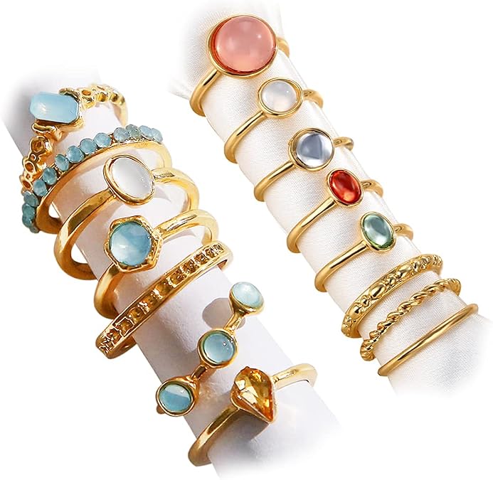 Boho Vintage Crystal Ring Set, Rhinestone Knuckle Rings for Women, Gold Silver Bohemian Stackable Joint Midi Multiple Rings