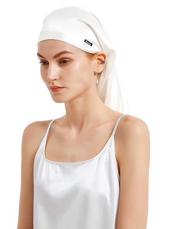 LILYSILK 100% Silk Bonnet Mulberry 19 Momme Silk Sleep Cap Long for Curly Hair Night Cap for Sleeping, Silk Hair Wrap for Women Ivory