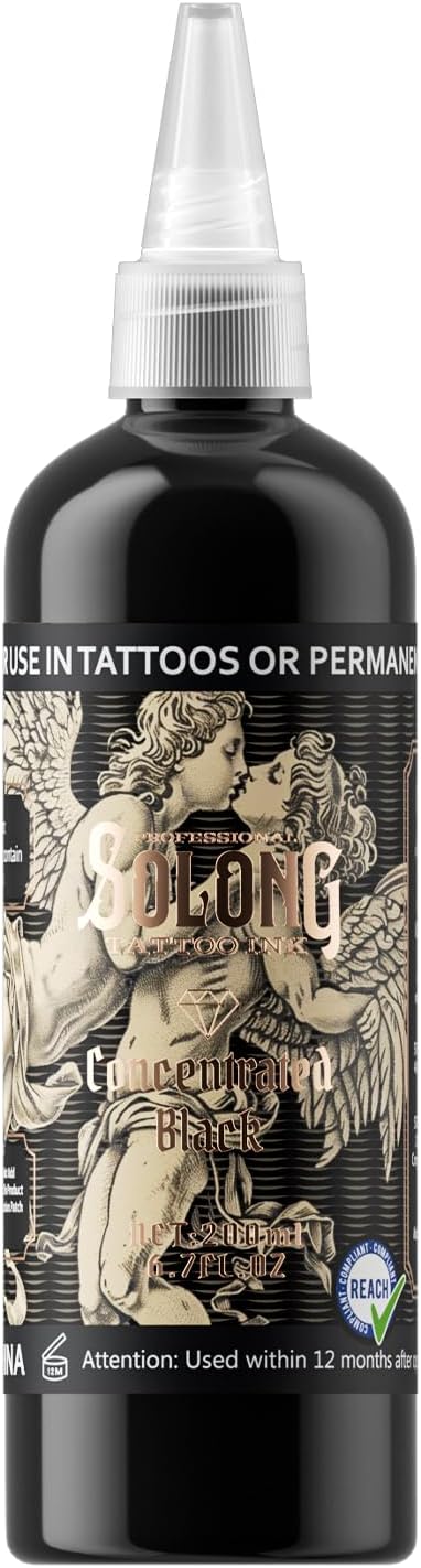 Tattoo Ink,Solong S Series 6.7oz(200ml) Professional Black Tattoo Ink for Various Tattoo-Concentrated Black Tattoo Supplies,TI303S-200-030