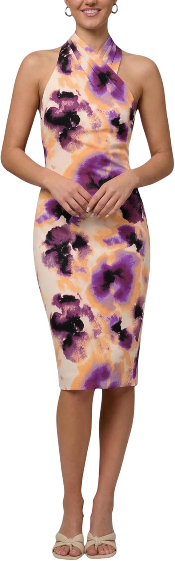 Rachel Rachel Roy Women's Harland Elegant Sleeveless Crossover Halter Printed Bodycon Midi Cocktail Party Dress