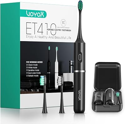 VOYOR-Health Travel Electric Toothbrush, Rechargeable Toothbrushes for Adults, Portable Sonic Toothbrush with 5 Modes, Three-Section Detachable Design with Travel Case ET410 Black