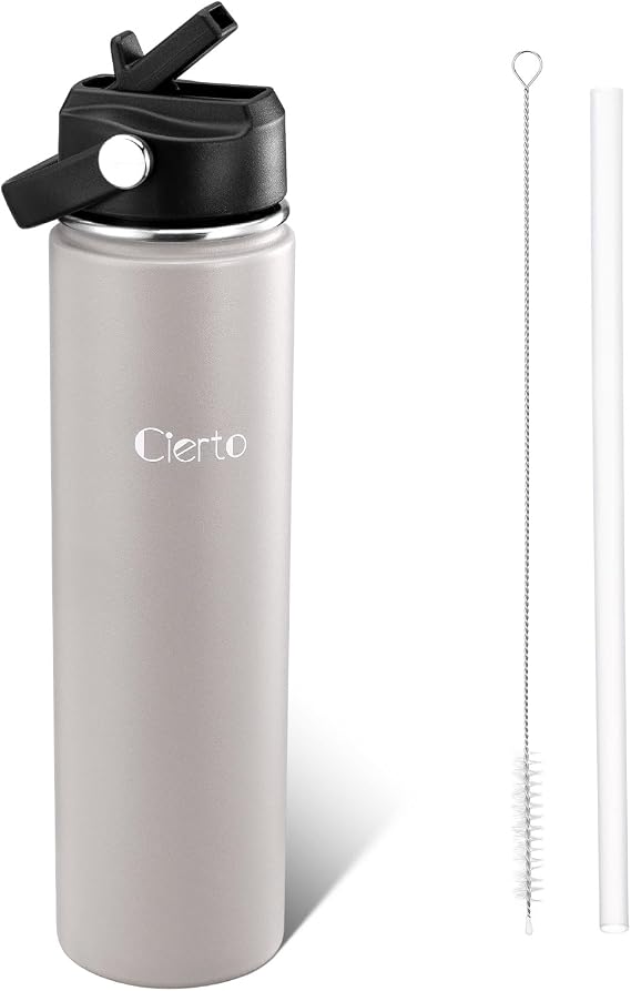 Cierto Insulated Water Bottle with Straw, 24 oz Stainless Steel Water Bottle, Leakproof Flip Lid with Lock, Fits Car Cup Holders, Wide Mouth, Easy to Clean, for Travel Gym Office -G