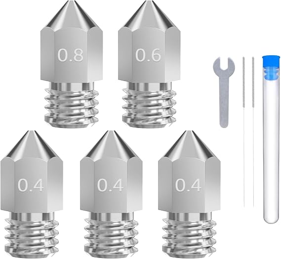 5-Pack Hardened Steel Nozzle Set for MK8 Extruder | 0.4/0.6/0.8mm sizes, for abrasive filaments, includes cleaning needles and wrench, compatible with Ender 3, CR-10