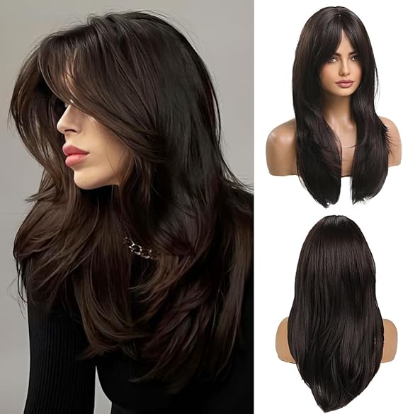 20 Inches Long Straight Dark Brown Layered Synthetic Hair Wigs with Bangs for Women Daily Party Use