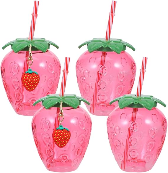 Toddmomy 4pcs Strawberry Tumbler With Straw: Pink Strawberry Cups For Party Decoration