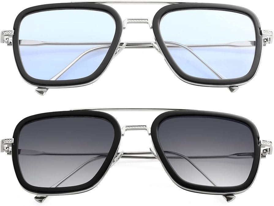 AIEYEZO Tony Stark Sunglasses Vintage Square Metal Frame Eyeglasses for Men Women - Iron Man and Edith Sun Glasses (Spider Man Same Color + Silver/Black/Gradient Grey)