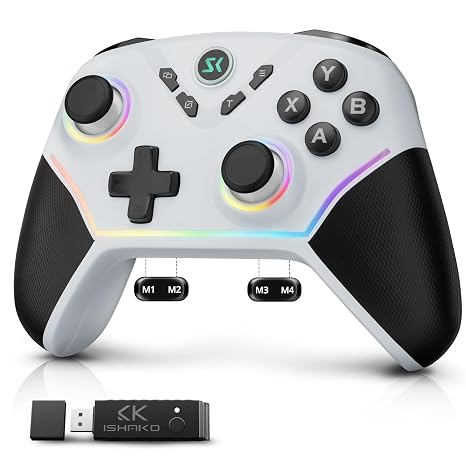 ISHAKO Wireless Gaming Controller with Hall Effect Joysticks&Triggers, 1200mAh Battery, 1000Hz Polling Rate, 4 Back Buttons, RGB Lighting Works with PC Windows/Mac/Steam/Luna/Tesla/Switch- White