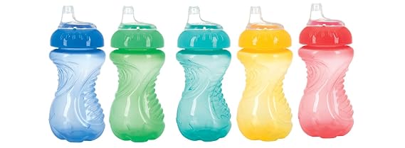 Nuby No Spill Easy Grip for Kids - 5 Bottles, 10 oz - Spill-Proof Toddler Sippy Cups - Dishwasher Safe - 6+ Months - Red