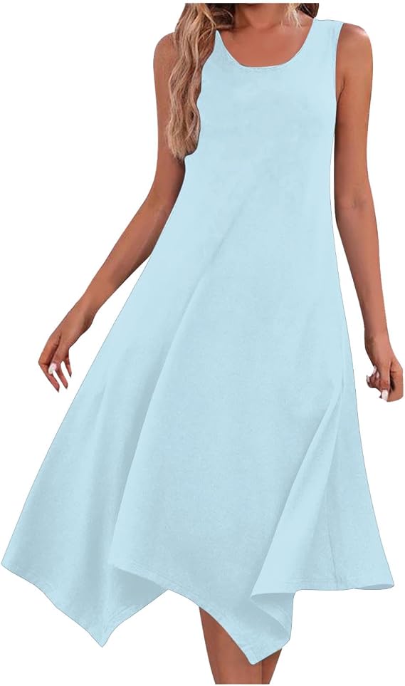 Sleeveless Tank Dress for Women Round Neck Fashion 2025 Summer Handkerchief Hem Flowy Vacation Casual Sundresses
