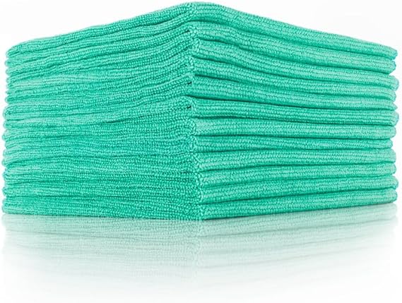 The Rag Company - The Pearl - Professional Microfiber Detailing Towel for Ceramic Coating Leveling and Sealant Removal, Safe and Scratch-Free with No Tags, 320gsm, 16in x 16in, Green -12 Pack