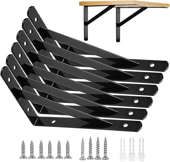 6 Pack Shelf Bracket Heavy Duty, Alloy Steel Triangle Shelf Brackets, 6 inches Right Angle Wall Mounted Floating Table Supporter Bracket Frame