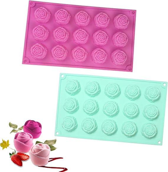 mdgfge 2Pcs Rose Flowers Silicone Molds with 15 Cavity Rose Shape Cake Chocolate Fondant Mold Top Decoration Mould for Wedding Valentine's Day Cookies Candy Cake DIY Decorating Tools Supplies, Medium