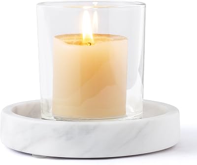 WORHE Candle Holders Italy Premium Natural Marble Candlestick Holder for Jar Pillar Candles Large Round Coaster Plate Jewelry Tray Centerpiece for Wedding Dining Table Home Decor White ZT011