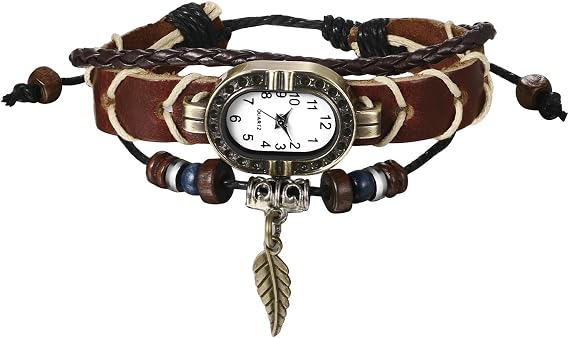 JewelryWe Women Bohemia Bracelet Watch Vintage Classic Fashion Weave Wrap Around Quartz Wristwatch with Adjustable Leather Weave Strap - for Summer Beach Daily and Office