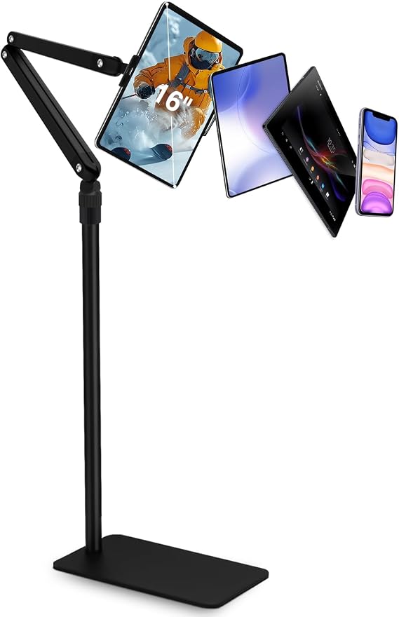Tablet Floor Stand Adjustable, iPad Floor Stand Adjustable with Heavy Duty Base for 4.7''-16'', Compatible with iPhone iPad Pro Air Mini, Tablet