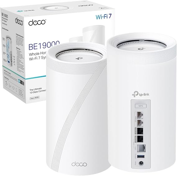 TP-Link Deco BE85(2-pack) BE19000 Tri-Band Whole Home Mesh WiFi 7 System | 2 * 10Gbps Ports, 6GHz Band, AI-Roaming WiFi Router Extender Booster, MLO, 4K-QAM, IoT WiFi, HomeShield, VPN, Alexa&Google