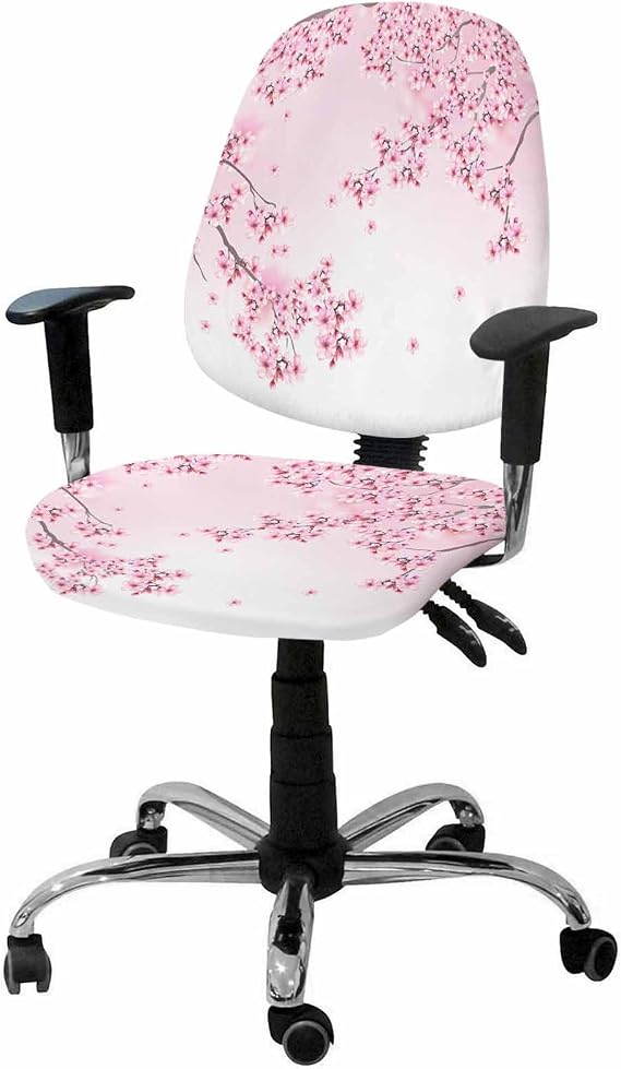 Cherry Blossom Office Chair Cover 2 Piece, Gradient Tree Pink Flower Plant Stretch Elastic Computer Desk Rotating Chair Seat Back Covers, Stretchable Slipcover Protectors