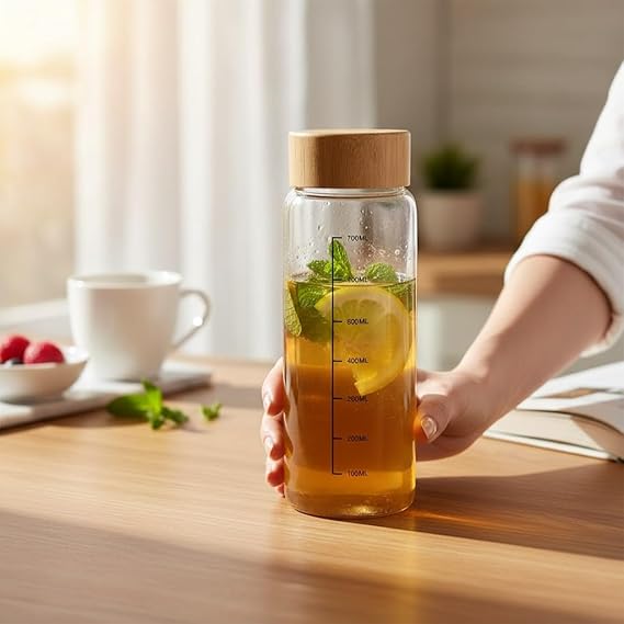 Cam Su Şişesi, Bambu Kapaklı, Ölçü Baskılı, 800 ml