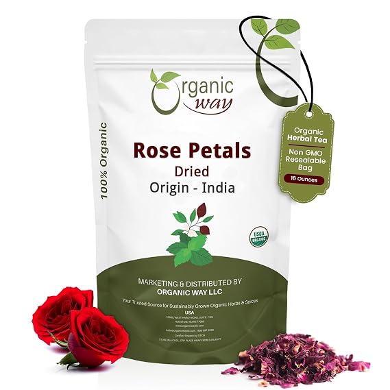 Organic Way Rose Petals Dried - Herbal Tea - 100% Raw from India (16 Oz)