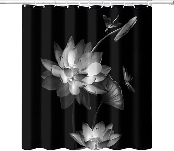 Abstract Floral Lotus Shower Curtain,Retro Watercolor Black&White Dragonfly Lotus Flower Bath Curtain 72L x66W Waterproof Cloth Fabric Bathroom Decor Set with Hooks