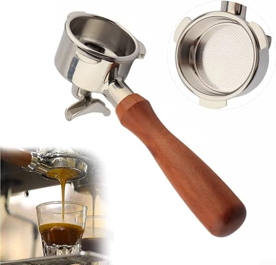 51mm Espresso Spouts Portafilter with 3 Ear, Double Shot Capacity Cup Filter Basket, Espresso Accessories, Stainless Steel Basket and Wood Handle