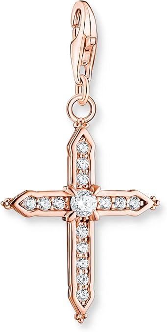 Thomas Sabo Charm-Anhanger Kreuz aus 925er Sterlingsilber mit 750er Rosegold-Vergoldung, mit weien Zirkonia-Steinen von Hand besetzt, Mae: 35 x 19 mm,1913-416-14