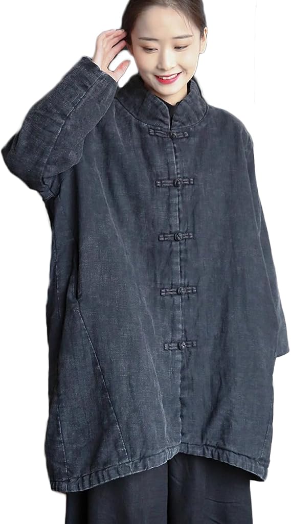 NFYM Traditional Chinese Style Jacket, Black Washed Linen Toggle Closure, Mandarin Collar Winter Coat