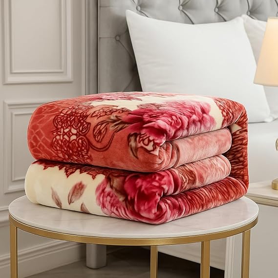Heavy Warm Fleece Blanket Queen Size Plush Korean Mink Fluffy Cozy Soft 1 Ply Embossed Floral Print Bed Blanket Pink