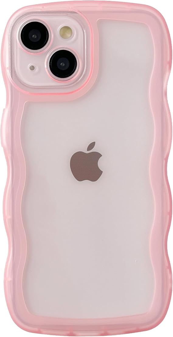 Caseative for iPhone 15 Case, Pink | Solid Color Curly Wave Frame Clear Soft