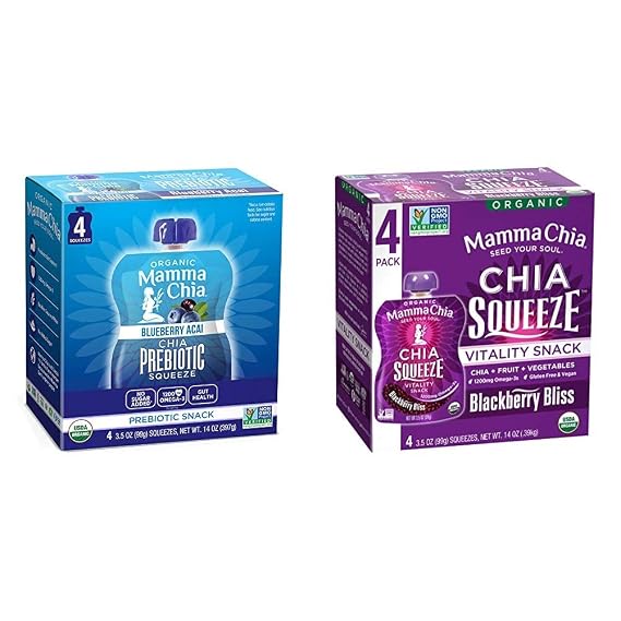 Mamma Chia Organic Prebiotic Squeeze Snack, Blueberry Acai, Pack of 24 & Squeeze Organic Vitality Snack, Blackberry Bliss, 4 Count Pack of 6