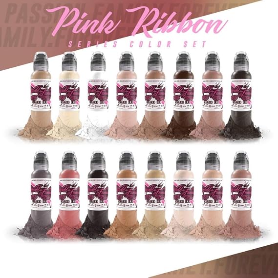 World Famous Tattoo Ink Pink Ribbon - Pink Flesh Tones Assortment with Black & White Tattoo Ink - Non Toxic & Skin-Safe Permanent Tattooing - Vegan (1 oz Each)