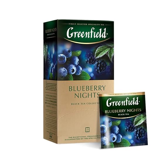 Greenfield Blueberry Nights Black Tea 25 Individually Wrapped Foil Sachets Premium Fruit & Herbal Tea Blend with Natural Blueberry Flavor Rich & Aromatic Brew