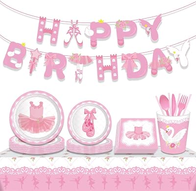 LaVenty 33 PCS Ballerina Birthday Party Supplies Ballerina Party Plates and Napkin Dancing Girl Birthday Party Supplies Ballet Ballerina Birthday Banner